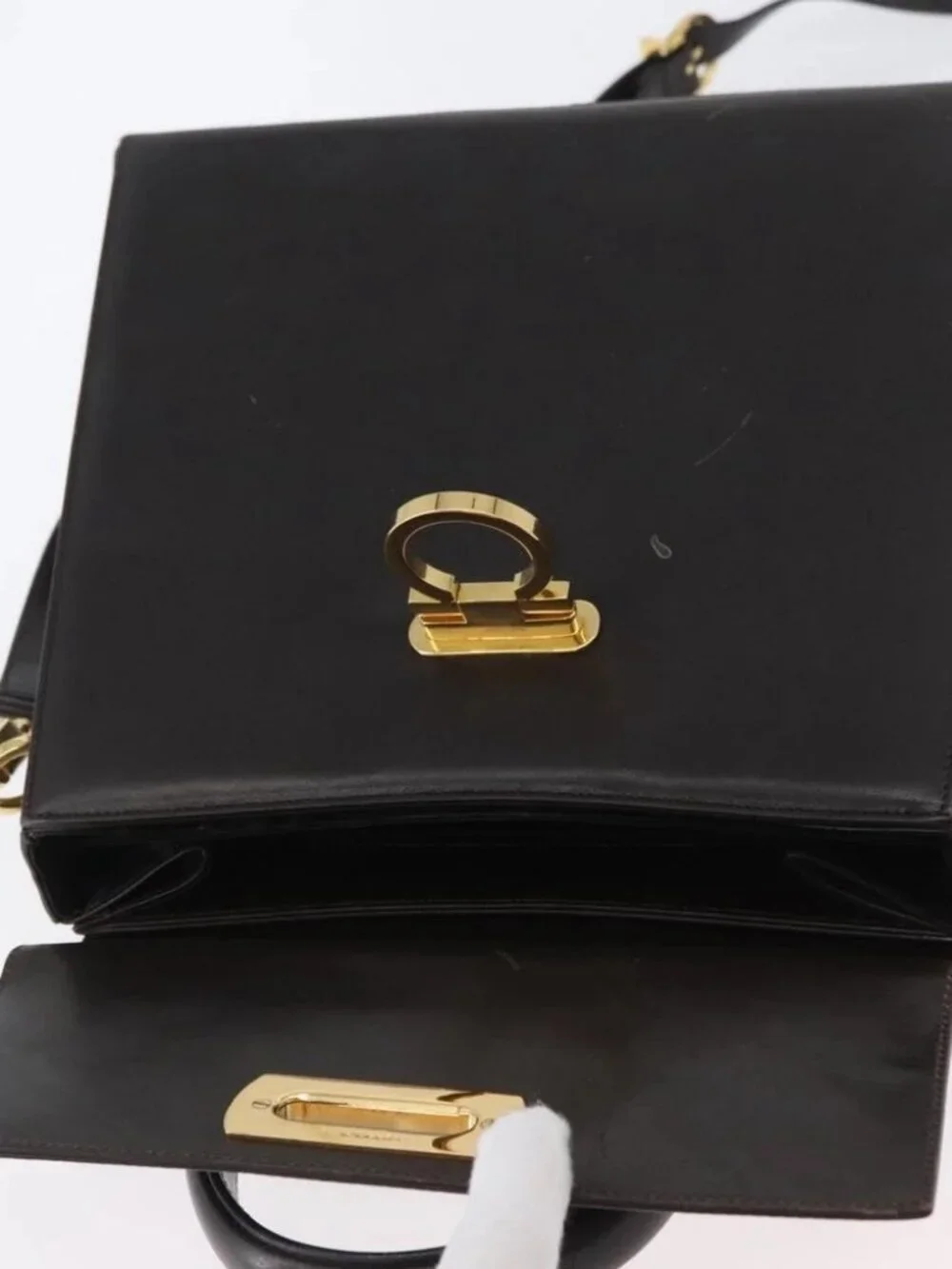 Salvatore Ferragamo Gancini Hand Bag Leather 2way Brown Gold Auth ARZ526
